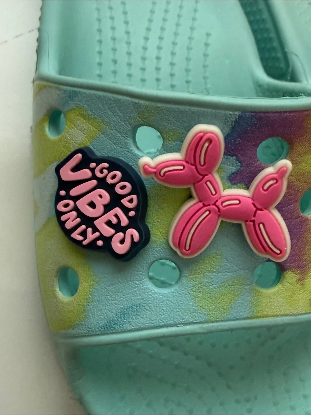 CROCS Kids Light Blue Tie-Dye Slide Sandals Size 12 w/charms